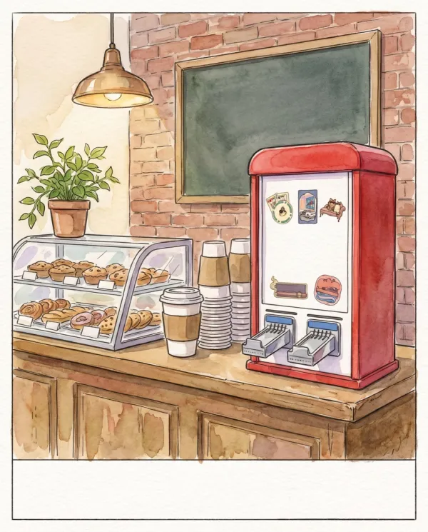 Watercolor postcard of the sticker machine at the end of a cafe counter with to-go cups