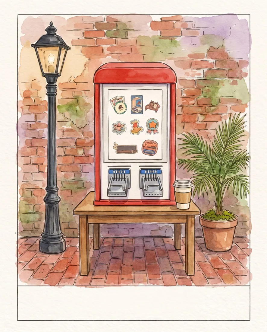 Watercolor postcard of a red sticker vending machine against an Ybor City brick wall, beside a street lamp and a cafe con leche