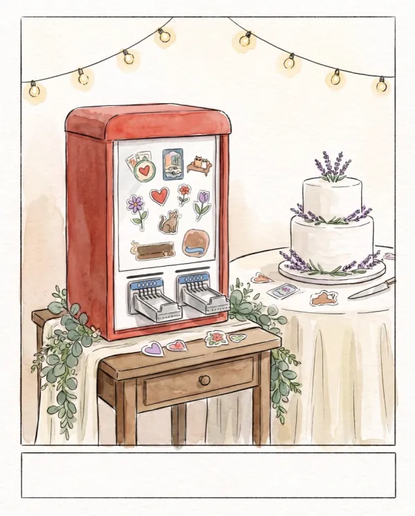 Watercolor postcard of the sticker machine beside a wedding cake topped with lavender