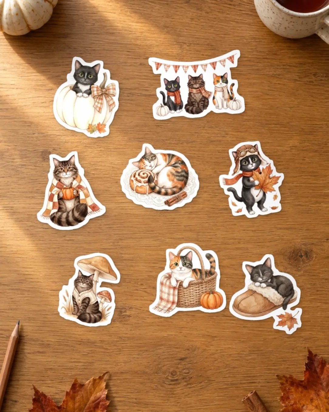 Eight hand-cut illustrated cat stickers on a wooden table: cats in scarves, a cat on a cinnamon roll, a cat in a slipper